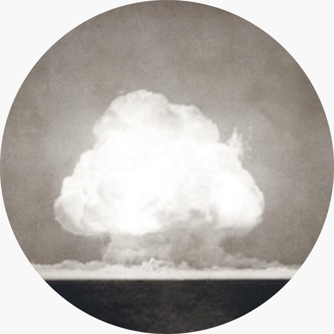 An image of the "Trinity test," the first atomic explosion, on July 16, 1945. The photograph was taken nine seconds after the initial detonation. The test took place in New Mexico.